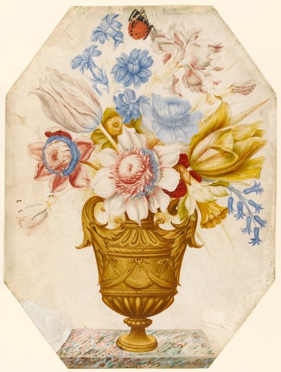 Flowers in a vase which stands on a marble ledge with a butterfly resting on the flower by Nicolas Robert